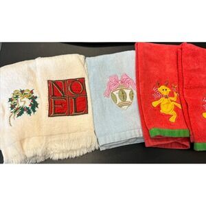 5 Vintage CHRISTMAS Holiday Finger Towels Hand‎ Guest SANTA Red Blue White Lot